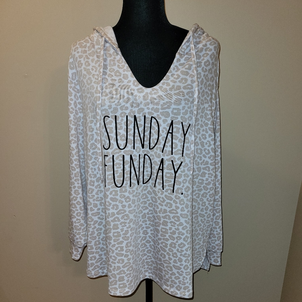 Rae Dunn. " Sunday Funday" Lepord Print Hooded Sweatshirt Size 3X